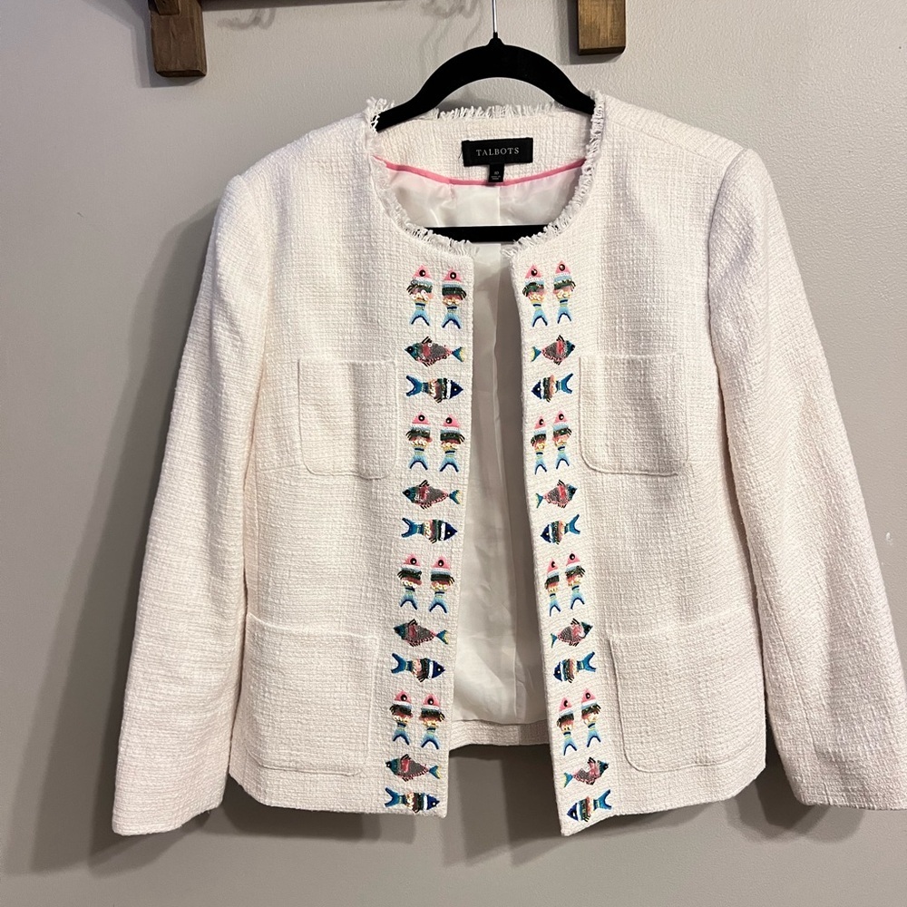 Talbots Women's Cream Textured Blazer with Colorful Embroidery - Picture 3 of 12